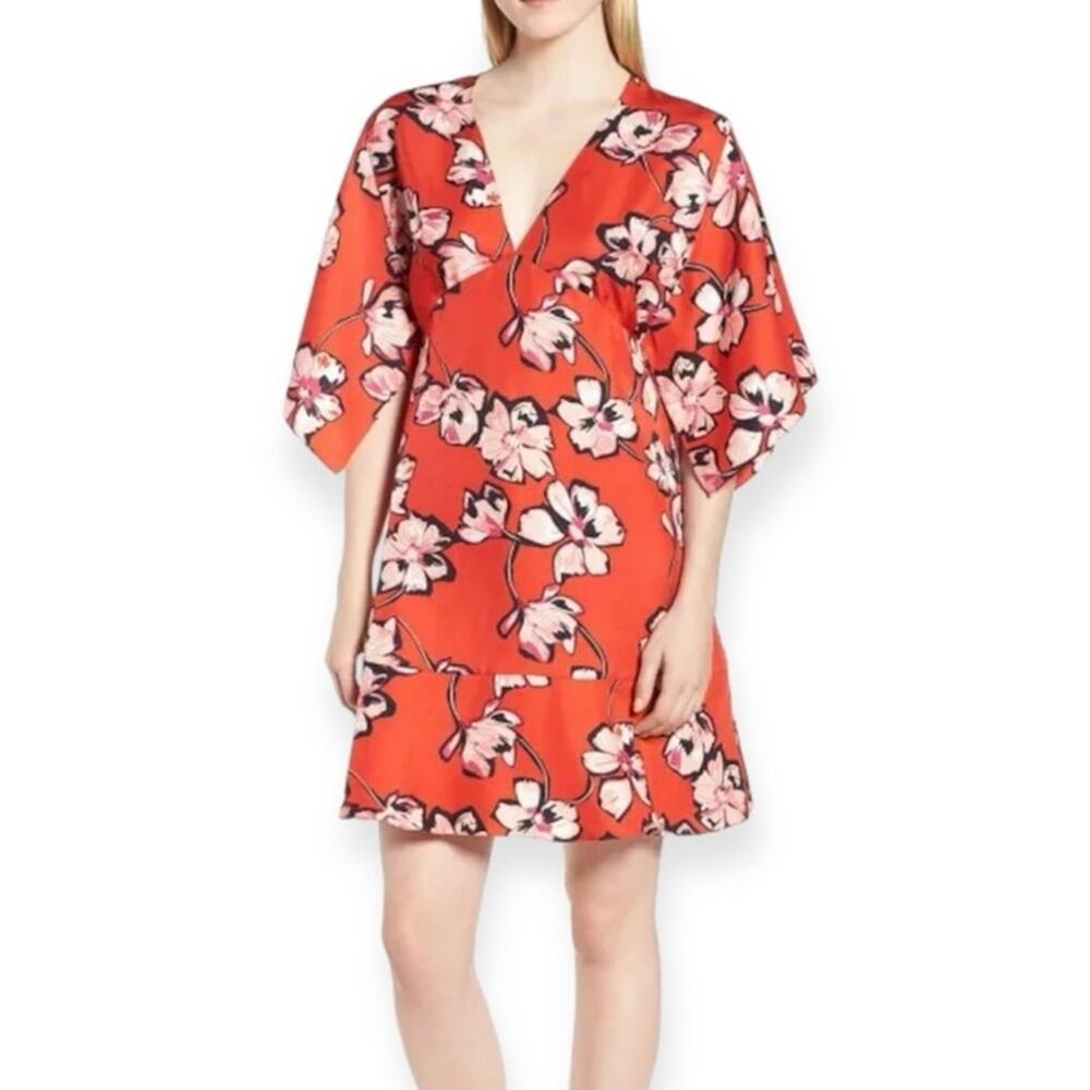 Lewit Women´s Silk Red Poppy Floral Kimono Open Sleeve Dress Size 8